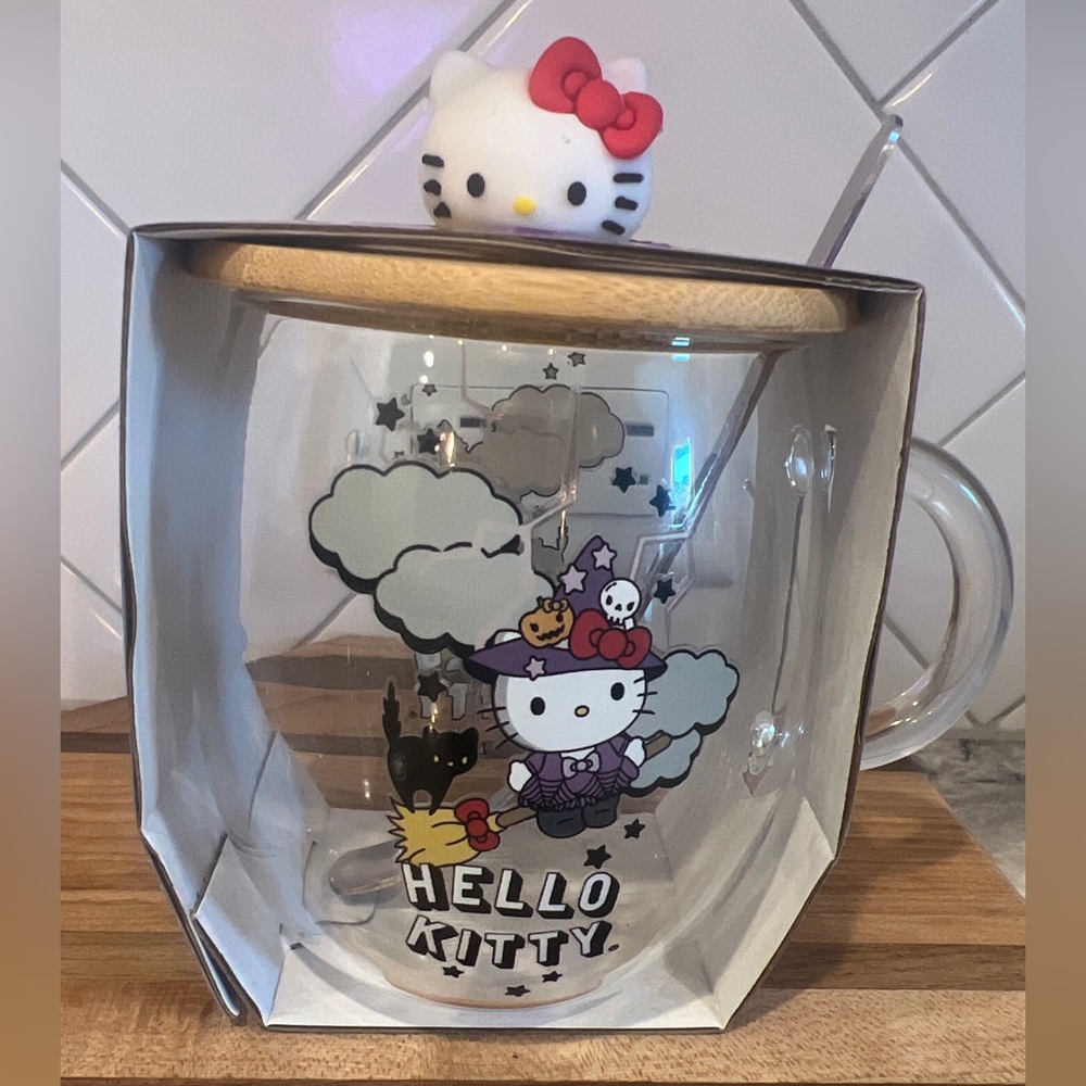 Sanrio Hello Kitty Halloween Glass Mug Bamboo Wood Lid Topper Spoon Witch